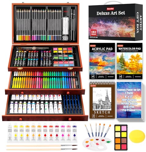 Soucolor Art Supplies, 192-Pack Deluxe Art Set Drawing Painting Supplies Kit with Acrylic Pad, Watercolor Pad, Sketch Boo...