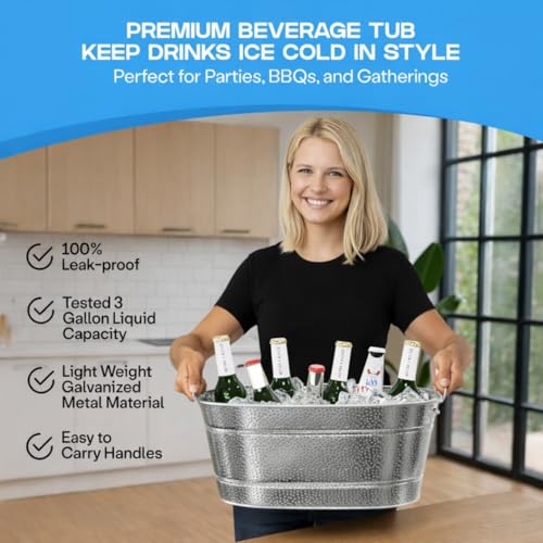 2 Pack Galvanized Tub with Handles - Beverage Tub with 2 Ice Scoops, 3 Gallon Ice Bucket for Parties, Metal Drink Buckets ...