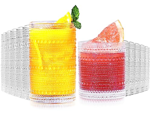 Lvtrupc Vintage Hobnail Drinking Glasses Set of 12-14 oz Old Fashioned Water Glass Cups & 11 oz Cocktail Glasses, Aestheti...