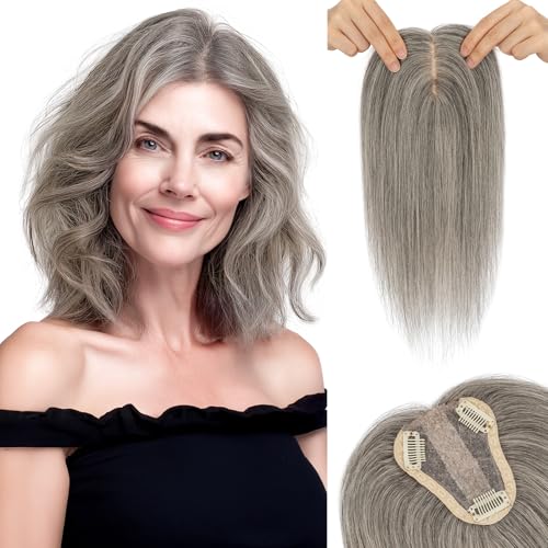 Hair Toppers for Women Real Human Hair with No Bangs 3.1¡¿3.9 Inch Silk Base Clip-In Topper Natural Looking Hairpieces for Women£¨10 Inch,Dark Grey£©