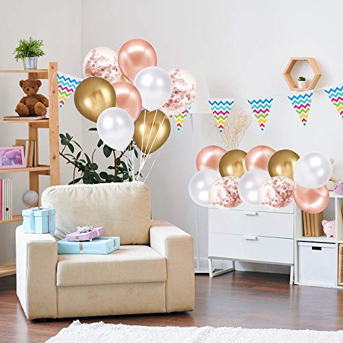 Rose Gold Confetti Latex Balloons, 60 Pack White Balloons 12 Inch with Gold Ribbon for Birthday Party, Wedding, Bridal Sho...