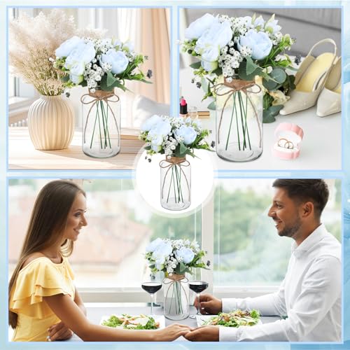 Zeyune 6 Sets Vintage Glass Vases with Artificial Peony Baby's Breath Flower Bouquets Wedding Centerpiece Farmhouse for Va...
