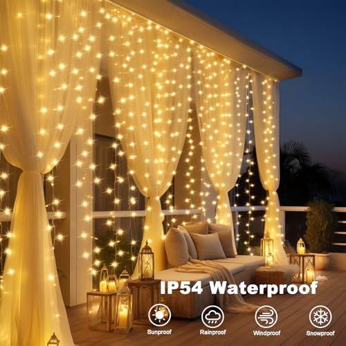 DealBeta Battery Operated Curtain Lights,9.8ft×9.8ft 300 LED Curtain Lights with Remote Timer 8 Modes, Waterproof Hanging ...