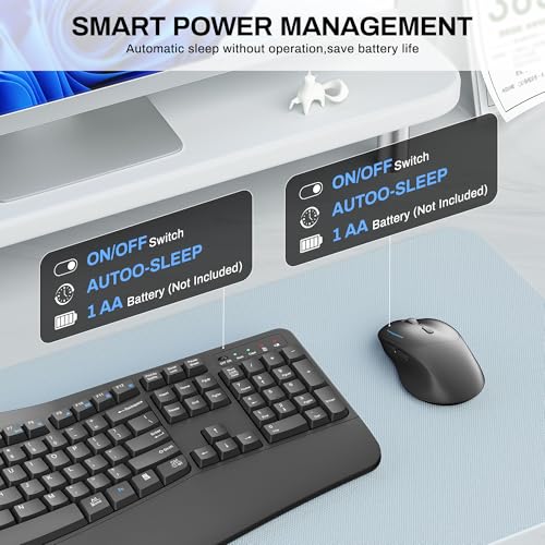 Wireless Keyboard and Mouse Combo,2.4G Full Size Wave Keys Ergonomic Keyboard with Wrist Rest for Natural Typing, 3 DPI Ad...