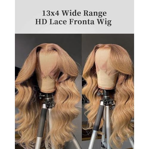 Honey Blonde Lace Front Wigs Human Hair 13x4 HD Transparent Lace Frontal Wigs Body Wave Colored 27 Honey Brown Wavy Wig Pre-Plucked Hairline 180% Density 24 inch