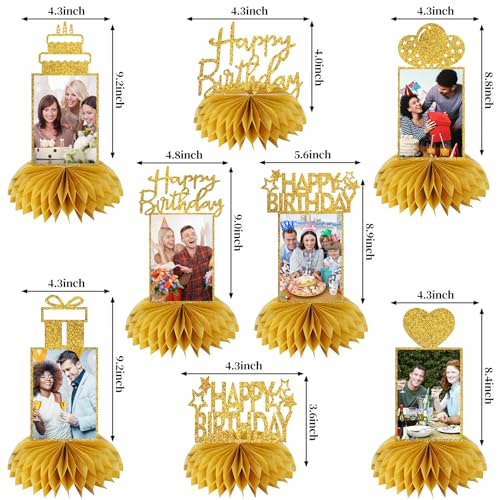 Eucutur 8Pcs Honeycomb Birthday Decorations - Gold Glitter Centerpieces for Women & Men, Happy Birthday Photo Table Topper...