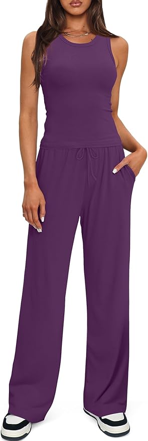 Darong Women's 2 Piece Outfits Lounge Sets Sleeveless Tank Tops Wide Leg Pants Sets Tracksuits Match Sets