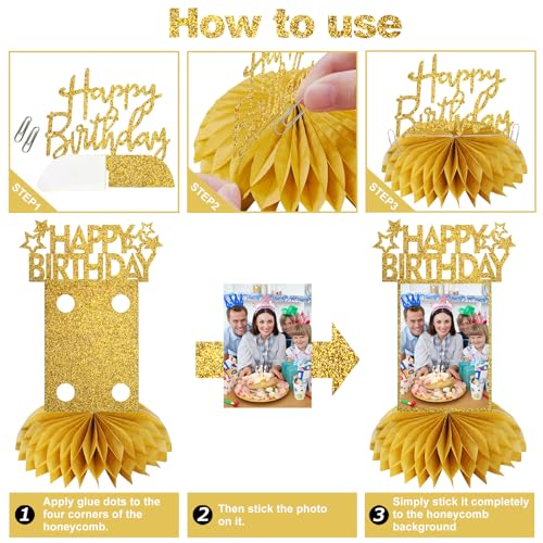 Eucutur 8Pcs Honeycomb Birthday Decorations - Gold Glitter Centerpieces for Women & Men, Happy Birthday Photo Table Topper...