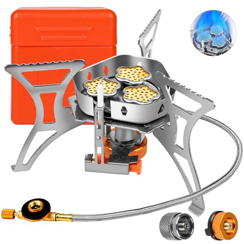 6800W Camping Backpacking Stove, Outdoor Portable Burner Cooking Stove with Fuel Canister Adapter, Piezo Ignition, Carry C...