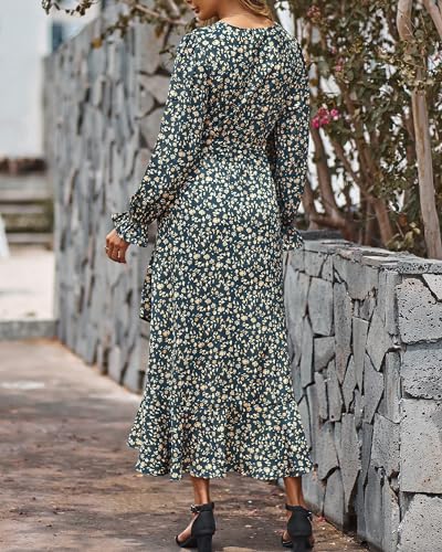 BTFBM Womens Dresses Spring Clothes 2026 V Neck Floral High Waist Ruffle Wedding Guest Cocktail Boho Long Sleeve Dress