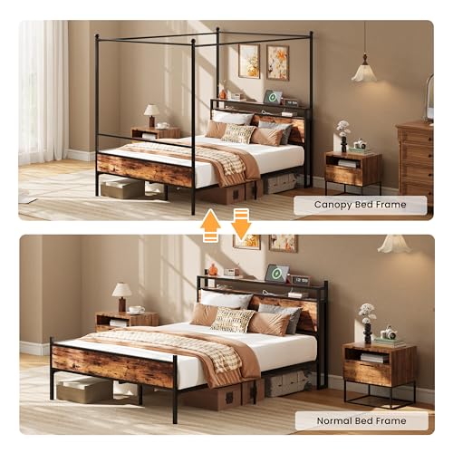 LIKIMIO Canopy Bed Frame Queen with Storage Headboard & Charging Station, Sturdy Metal Platform Bed with 4 Removable Post...