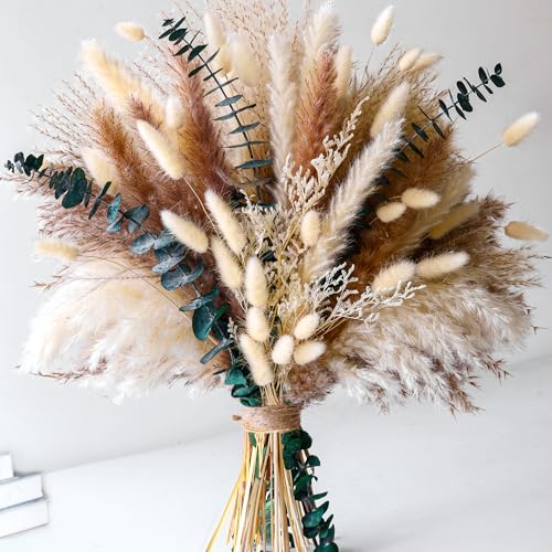 Dried Flower Bouquet - Pampas Grass, Bunny Tails, Olive Green Eucalyptus & Preserved Flowers - Boho Chic Home Decor, Rusti...