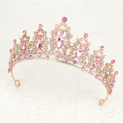 JIOMULIG Pink Rhinestone Tiara, Baroque Style, Women's Queen Crown, Adult Tiara Headband, Perfect for Parties, Prom, Weddi...