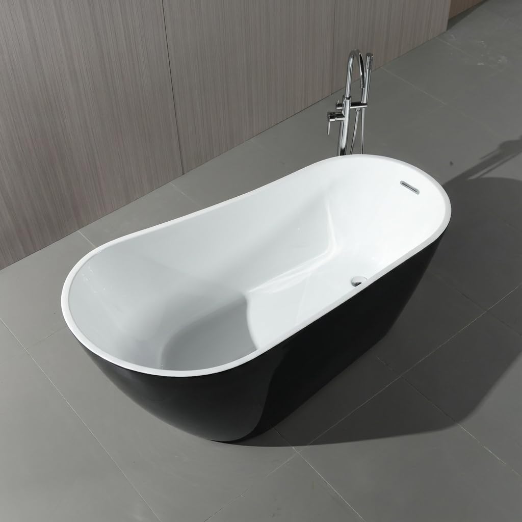 59" Acrylic Freestanding Bathtub, Contemporary Double-Walled Insulated Soaking Tub with Anti-Clog Drain & Overflow, cUPC Certified Heavy-Duty Resin Reinforcement, Black