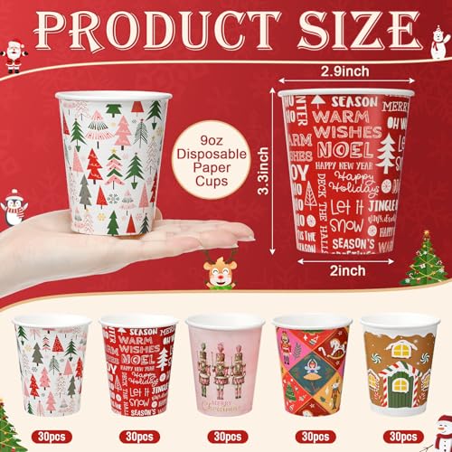 Gerrii 150 Pcs 9 oz Christmas Disposable Paper Cups Hot Chocolate Cocoa Paper Cups Winter Drink Cup 5 Designs Merry Christ...