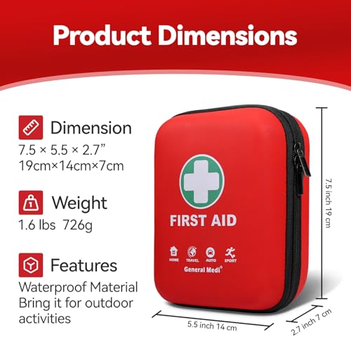 General Medi First Aid Kit - 170 Pieces Hard Case and Lightweight - Great for Travel, Home, Office, Vehicle, Camping, Work...