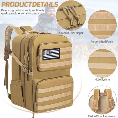 IBVIVIC 45L Tactical Backpack for Men, Water-resistant Military MOLLE Assault Backpack Bag for Hunting Camping Travel (Khaki)
