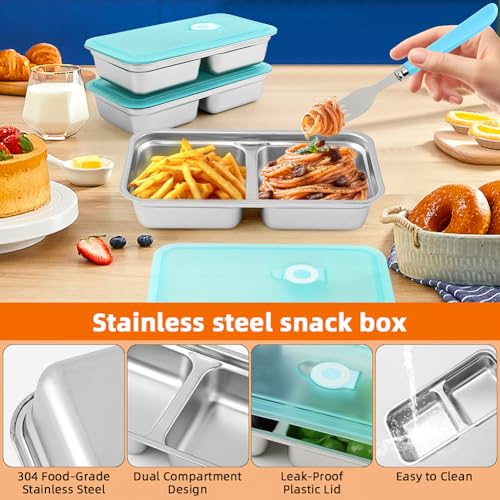 Kazheon Grab and Go Snack Containers,Stainless Steel Double Compartment Snack Containers with Lids,Reusable Condiment with...