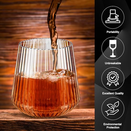 Denylo pro 25 Pcs 14 OZ Plastic Ribbed Wine Glasses Disposable Clear Wine Glasses Recyclable Shatterproof Reusable Plastic...