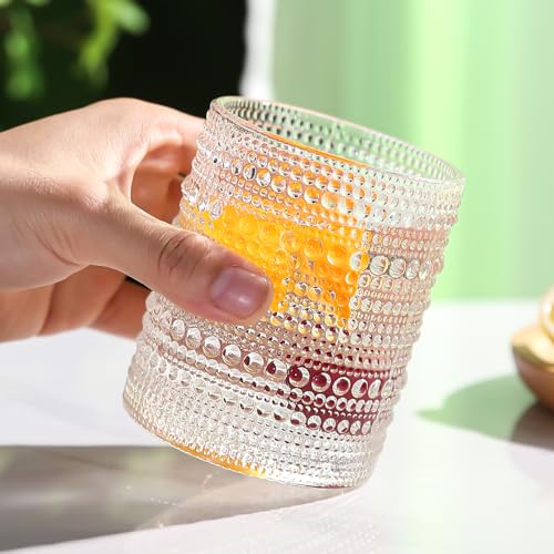 Amyoole 12oz Hobnail Drinking Glasses Set of 6,Clear Vintage Glassware Embossed Water Tumbler,Cocktail Glass Cups for Bee...