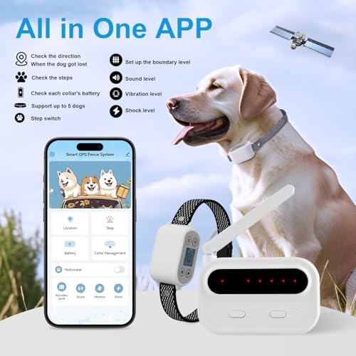 GPS Wireless Dog Fence System with App Control - No Subscription & No Wire, up to 984 FT IPX7 Waterproof Electric Pet Cont...