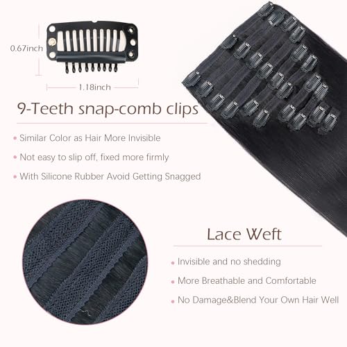 Clip in Hair Extensions Real Human Hair,18inch 150g 10Pcs with 24 clips,Natural Black,Straight Human Hair Clip in Hair Extensions for Black Women