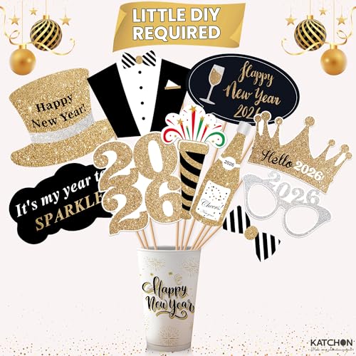 Katchon, Glitter New Years Photo Booth Props - Pack of 35 | NYE Photo Booth Props for New Years Eve Party Supplies 2026 | ...