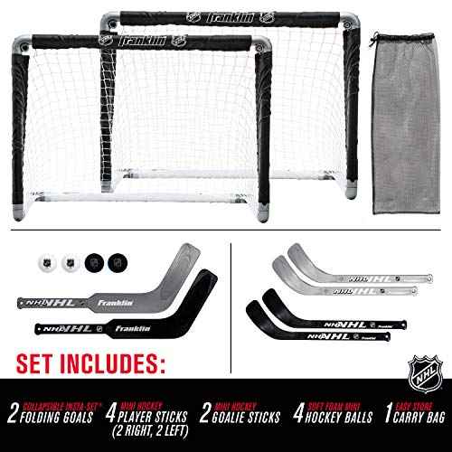 Franklin Sports NHL Kids Mini Hockey Goal Set - (2) Mini + Knee Hockey Goals, (4) Youth Sticks, (2) Goalie Sticks + (4) Foam Balls - Knee + Mini Hockey Set