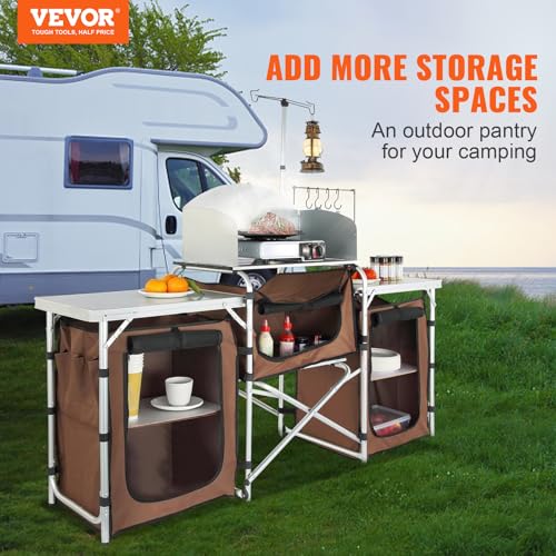 VEVOR Camping Kitchen Table, Folding Outdoor Cooking Table with Storage Carrying Bag, Aluminum Cook Station 3 Cupboard & D...