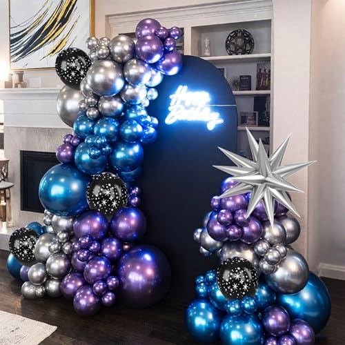 Galaxy Space Balloons, 12 Inch Navy Blue Metallic Blue Purple Silver Black Star Print Balloons with Silver Star Foil Ballo...