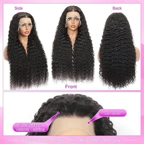 Deep Wave Lace Front Wigs Human Hair 13x6 HD Transparent Lace Front Wigs Human Hair 200% Density Deep Curly Human Hair Wig Pre Plucked Deep Wave Frontal Wigs Natural Color 22 Inch