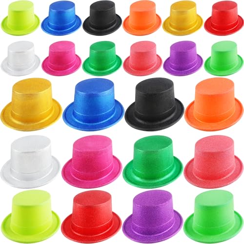 SGBETTER 24 Pack Neon Top Hats Glitter Plastic Top Hat Colorful Magician Hat Bright Party Hats for Adult Kids Photo Booth ...