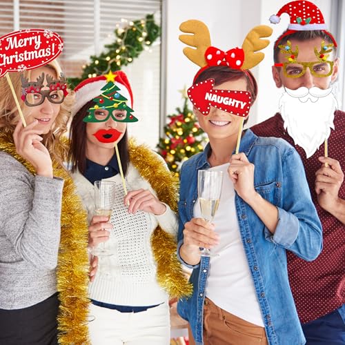 52 Pcs Christmas Photo Booth Props Kit, 20Pcs Glitter Eyeglasses Frame Hats Hairhoop and 32Pcs DIY Selfie Pose Signs for X...