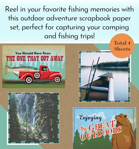 Fishing Scrapbook Paper 12x12 Inch - Outdoor Scrapbook Paper with Fishing Pole, Fish, Outdoor Adventure Theme | Camping Sc...