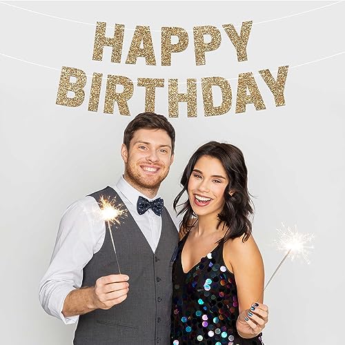 Pre-strung Happy Birthday Banner - No DIY - Gold Glitter Birthday Party Banner for Men & Women - Pre-strung Garland on 8 f...