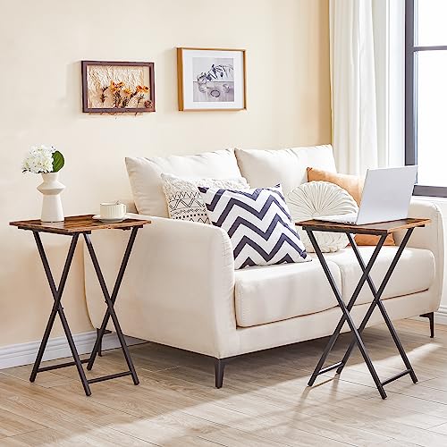 HOOBRO Folding TV Tray Tables, Set of 2 Wooden TV Trays Side Tables, Portable Sofa Snack Table, Industrial End Table for S...