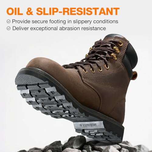 NINGO Steel Toe Work Boots for Men, Waterproof Comfortable Leather Industrial & Construction Boots, Oil & Slip Resistance ...