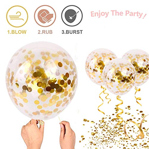 Black and Gold Confetti Balloons, 50 Pack 12inch White Latex Party Balloon Set with Gold Ribbon for New Year Graduation Bi...