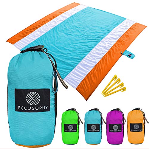 ECCOSOPHY Sandproof Beach Blanket - Oversized Sand Free Beach Mat 9'x10' - Lightweight Outdoor Picnic Blanket Anchored wit...