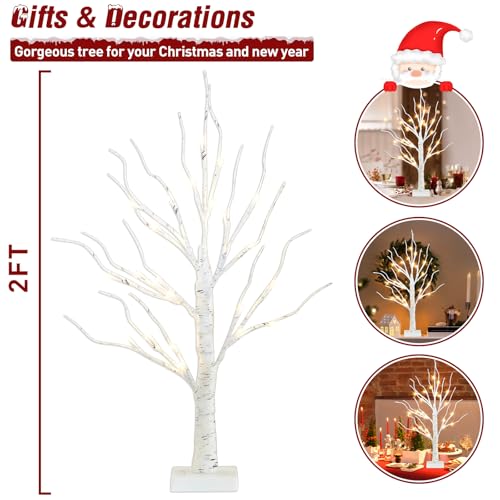 PEIDUO Artificial Tree for Christmas Decorations, 2FT Birch Tree with LED Lights, Warm White Fairy Lights Spirit Tree Lamp...
