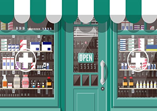 CORFOTO 7x5ft Fabric Facade Pharmacy Store Backdrop Storefront Shop Building Medicines on The Shelf Background Pharmacy Th...