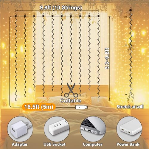 SINAMER Warm White Curtain Light for Bedroom, 300 LED 9.8ft x 9.8ft Window Fairy Curtain String Light with 16 Hooks, 8 Mod...