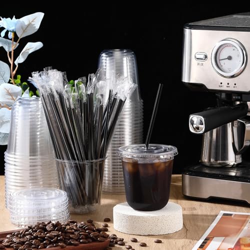 Ziliny 25 Set 12 oz Clear Plastic Cups with Lids and Straws, Disposable Iced Coffee PET Cups for Drinking Cold Beverage Ju...