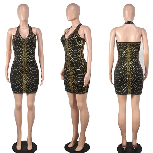 PORRCEY Women's Hot Drilling Craft Sexy Long Sleeve Mesh See Through Party Club Night Rhinestone Dress