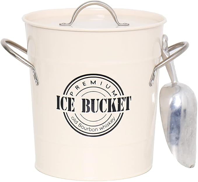 Home by Jackie Inc T586A 4L Cream White Metal Galvanized Double Walled Ice Bucket Set with Lid and Scoop