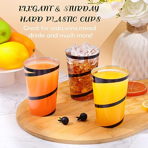 Bokon 100 Pcs 12 oz Rimmed Swirl Clear Plastic Cups with Rim Fancy Disposable Tumblers Cups Plastic Wine Glasses Elegant W...