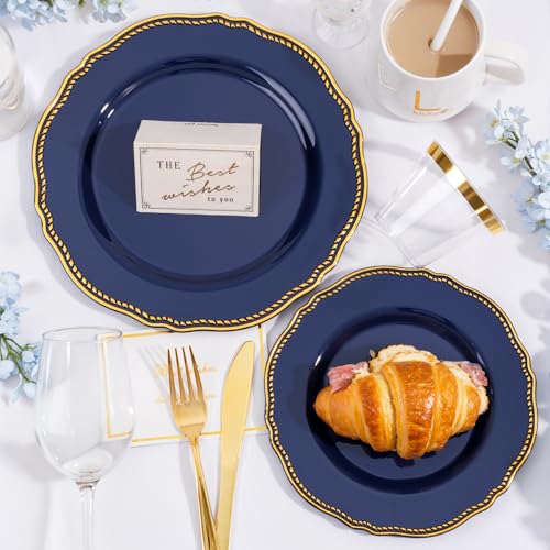 Hioasis 175pcs Blue Gold Plastic Plates - Gold Plastic Dinnerware Set Includes 25 Dinner Plates, 25 Dessert Dinnerware, 25...