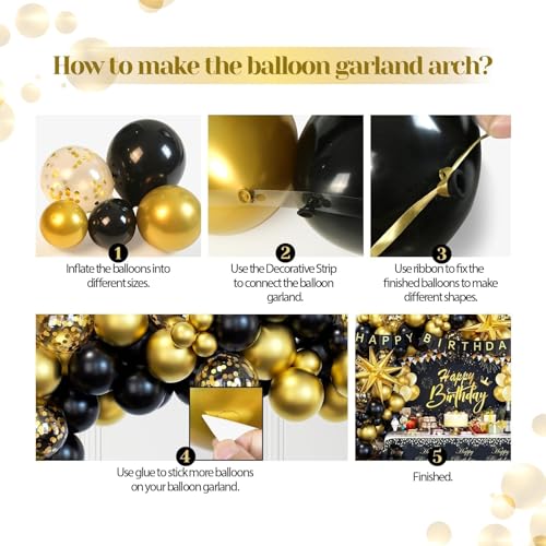 Black and Gold Birthday Decorations for Men Women, 71pcs Black and Gold Party Decorations with Backdrop, Tablecloth, Gold ...