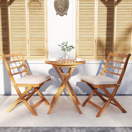 Tangkula 3 Piece Patio Wood Bistro Set, Folding Table Chair Set w/Soft Seat Cushions, Acacia Wood Frame, High-Back Portabl...