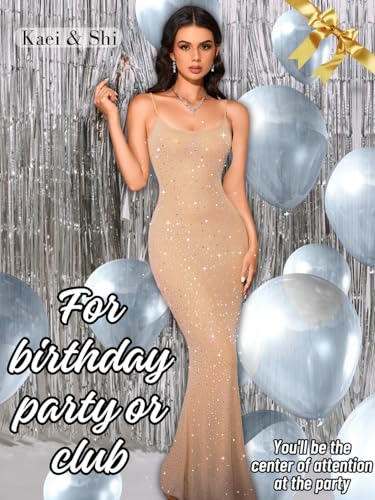 Kaei&Shi Rhinestone Mesh Dress,Glitter Sparkly Embellished Sheer Maxi Dresses,Sexy Birthday Outfit for Women Cocktail Party